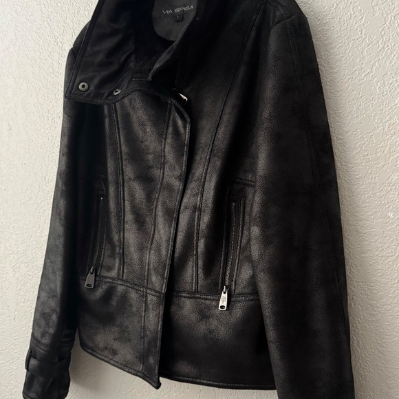 VIA SPIGA Women’s Black Faux Leather and Faux Fur Jacket/Coat Size L - Picture 5 of 14